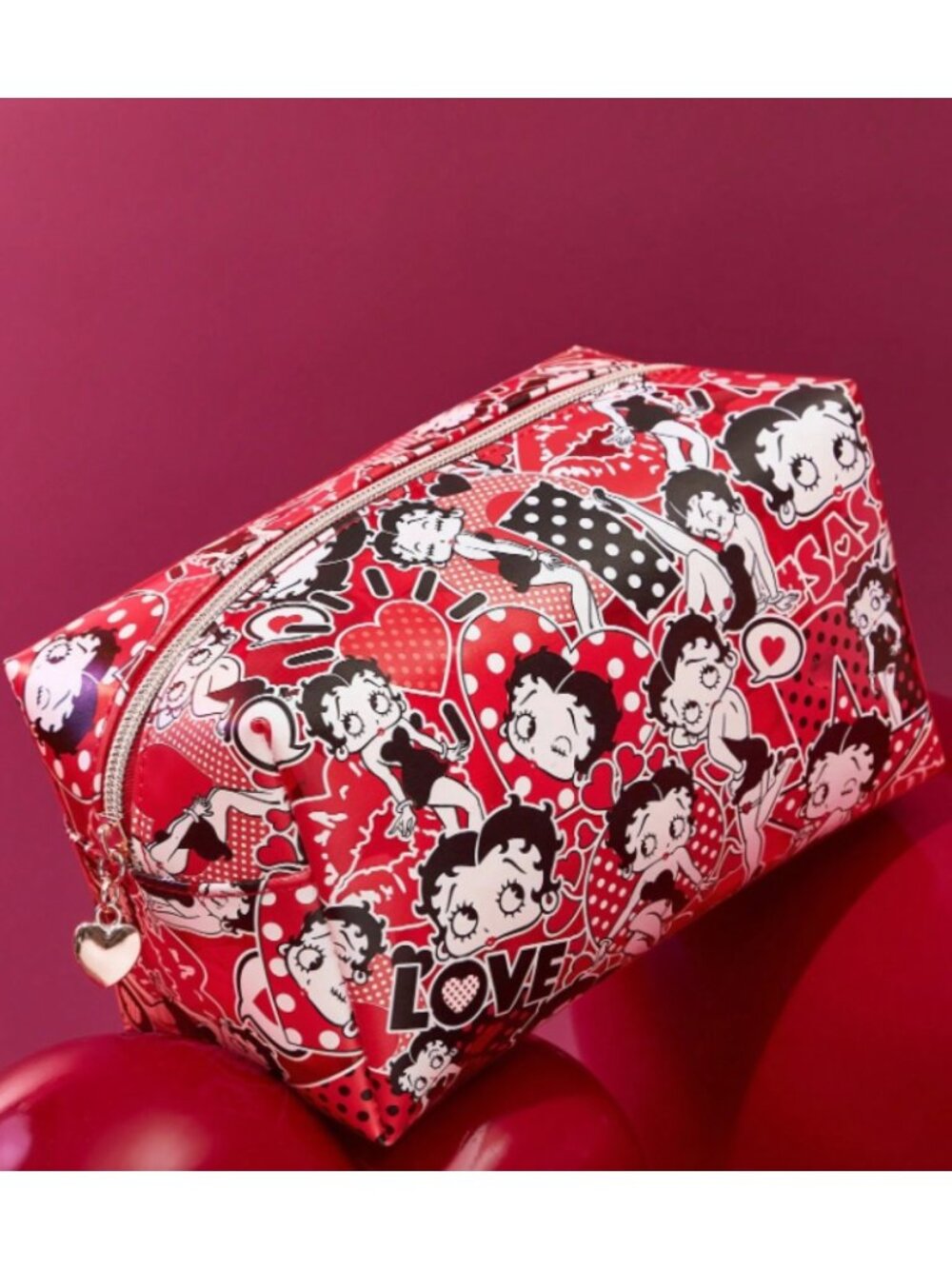 Betty Boop Large Capacity Cosmetic Bag – Red Love Print Makeup Organizer Travel